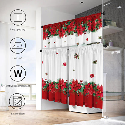 Cuteiush Christmas Poinsettia Curtain Valances Set of 3 Panels,Red,White&Green Rod Pocket,Festive Decor for Kitchen Bedroom, Bathroom,Laundry,52x18 Inch + 2x36x26 Inch