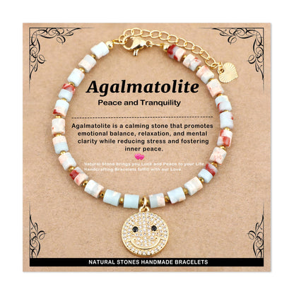 Natural Gemstone Healing Crystal Agalmatolite jasper Dainty Charms Happy face Bracelet Adjustable Chain Extender Minimalist Jewelry