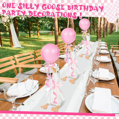Chunful 6 Sets Pink One Silly Goose 1st Birthday Decoration 11.8 Inch Soft Goose Stuffed Animal Birthday Centerpieces Swan Stuffed Animal with Balloon Table Decor for Gifts