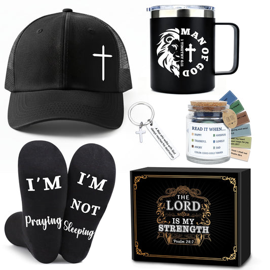 Christian Gifts for Men Faith Based Spiritual Stuff Religious Basket Catholic Present Baptism Gifts Pastor Appreciation Gift Set Christian Accessories for Men with Bible Verse Keychain Mug Socks