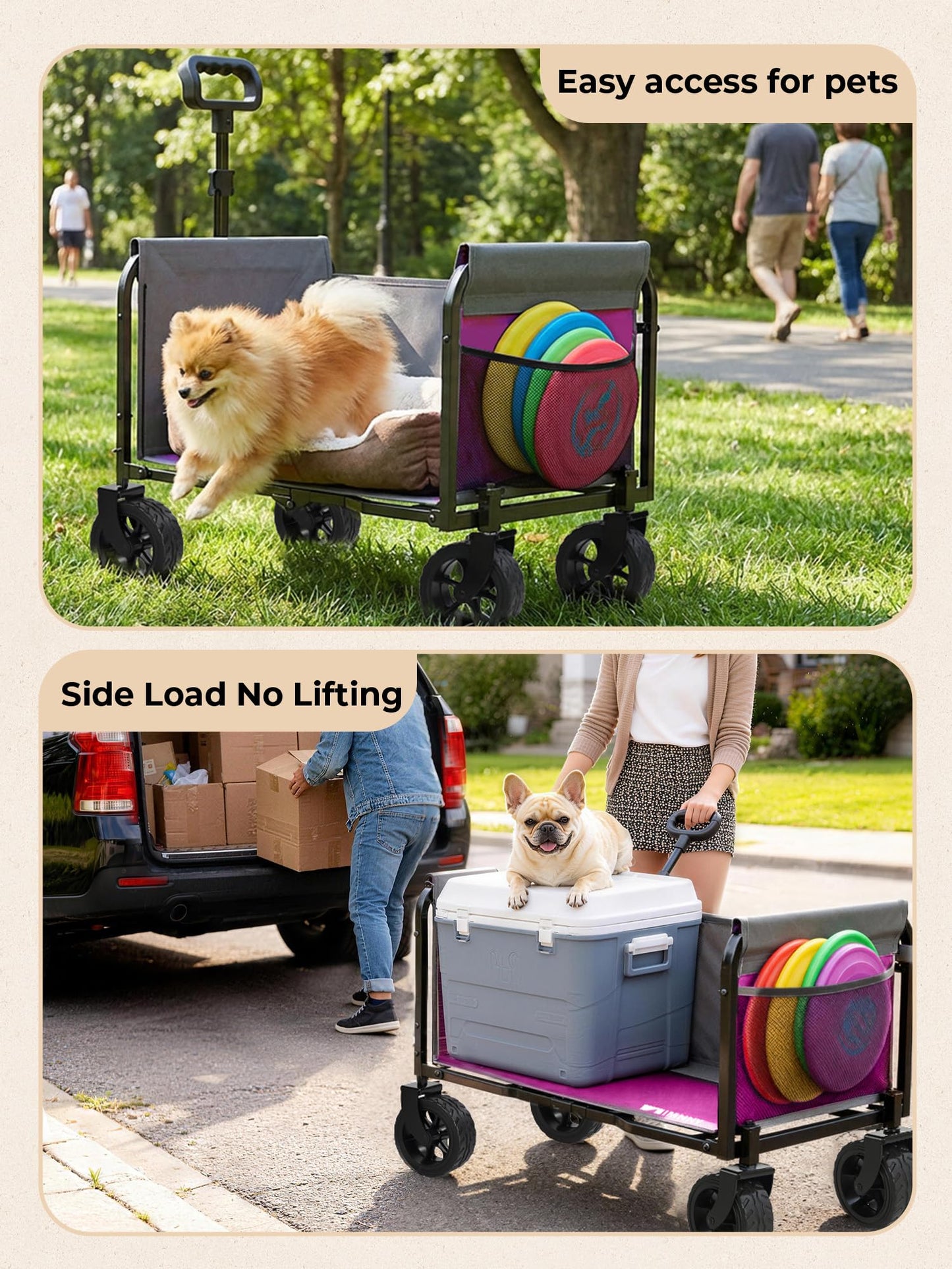 Aimnny Pink Folding Wagon Cart with Wide Wheels, Lightweight & Portable, Easy Fold & Removable Side Utility Wagon for Groceries, Gardening, Camping, Pet Use