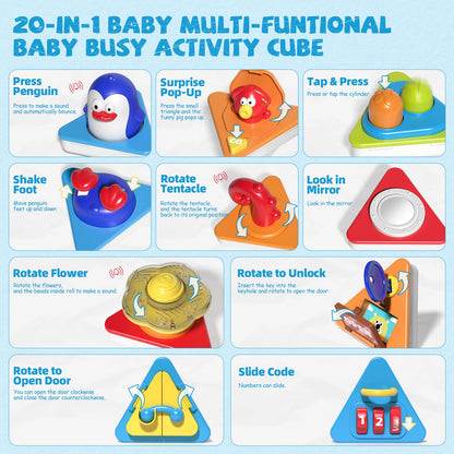 MEWOCHEE 20-in-1 Toddler Busy Board Cube Toys, Early Educational Montessori Sensory Toy for Toddler 1-3, Montessori Toys for 1 2 Year Old Boys Girls Kids, Travel Toy Gifts for 1 2 Year Old Boy Girl