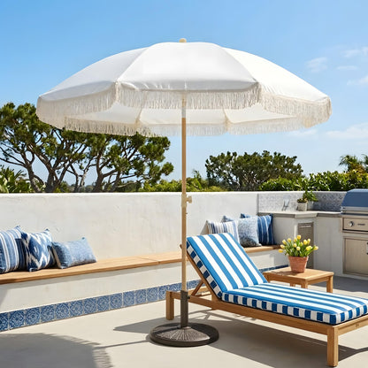Kbrellaoutlets 7FT Boho Patio Umberlla with Fringe,UPF50+ Outdoor Umbrella with 8 Fiberglass Ribs and Push Button Tilt,Tassels Umbrella for Beach,Terrace,Picnic (Cream)