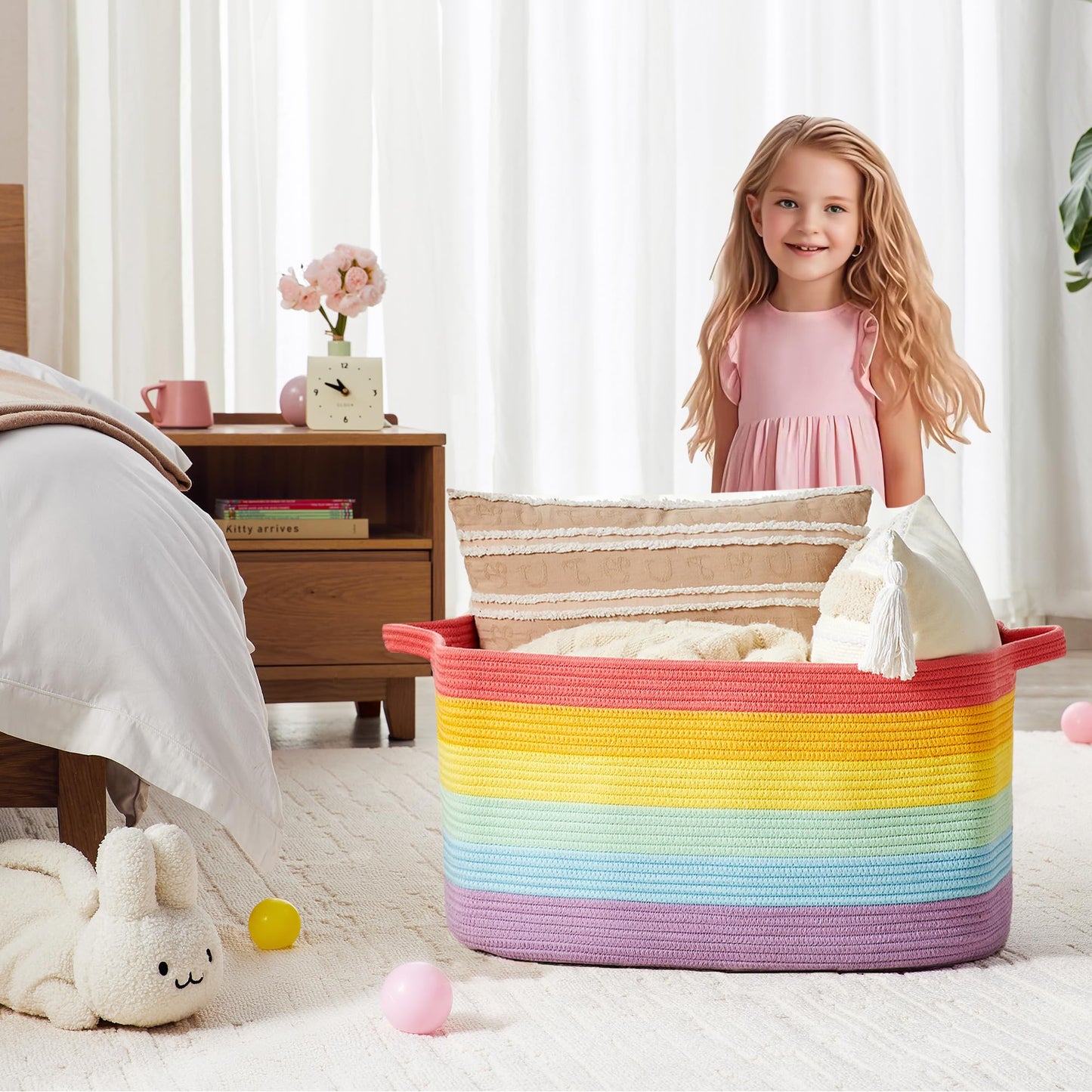 ENAORGAN 75L Extra Large Rainbow Cotton Rope Storage Basket for Blanket Toy Box for Girls Woven Rectangle Basket for Baby Kids Nursery Clothes Laundry Toy Storage in Living Room Bedroom