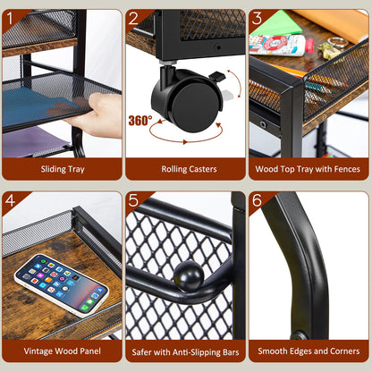 5-Tier Rolling File Cart with Lockable Wheels, Mobile Desk File Organizer Hanging File Folders Paper Letter Sliding Trays, Black Wood & Mesh Hanging Folder Drawer Organization for Office, Home, School