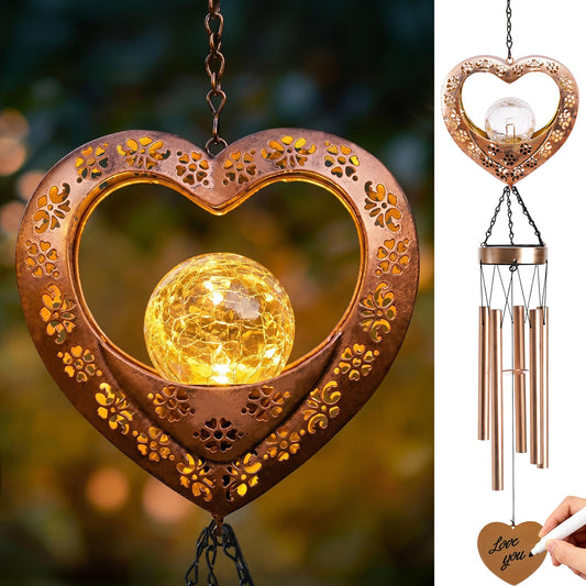 Nacome Solar Heart Wind Chimes for Outside: Weatherproof Metal Outdoor Decor Easy Hanging for Garden Patio Tree Window - Melodious Mother's Day Birthday Gifts for Mom Women Mom Grandma Her Wife
