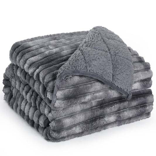 UINIU Sherpa Fleece Weighted Blanket with 3D Ribbed Stripes, 15 lbs Soft Flannel Heavy Throw Blanket for Couch Bed Sofa, Heavy Thick Blankets with Glass Beads, Great for Sleep, 48" x 72"