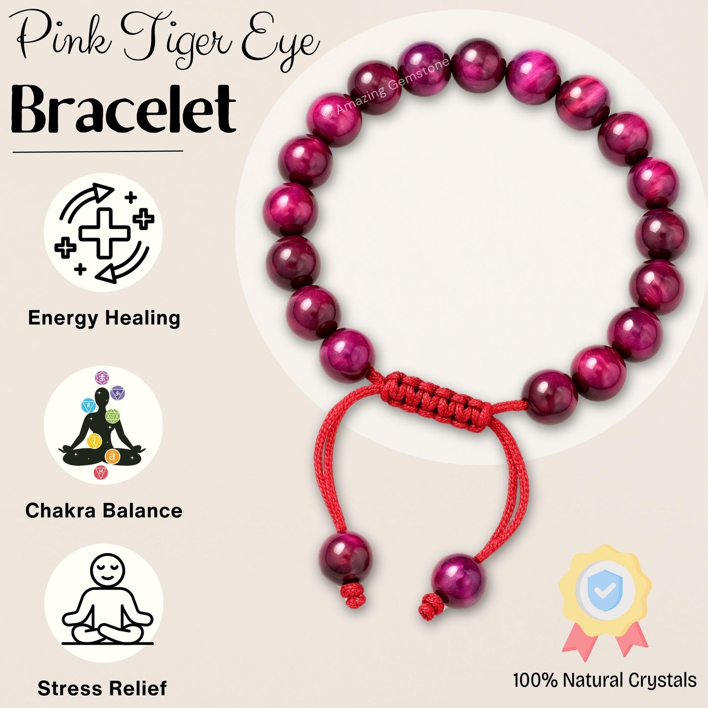 Amazing Gemstone Pink Tiger Eye Bracelet, Gifts For Men & Women - Protection Healing Crystal Bracelet - 8mm Gemstone Beaded Adjustable Bracelet, Pulseras Para Hombres Mujer Stocking Stuffers