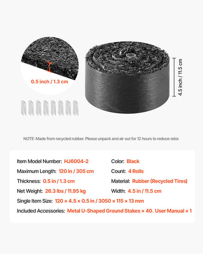 VEVOR Rubber Mulch Mat Roll, 4 Rolls 120 x 4.5 in, Recycled Rubber Permanent Mulch Edging Border, Natural-Looking Flower Barrier with Stakes, 0.5 in Thick Cuttable Garden Edgings for Landscaping