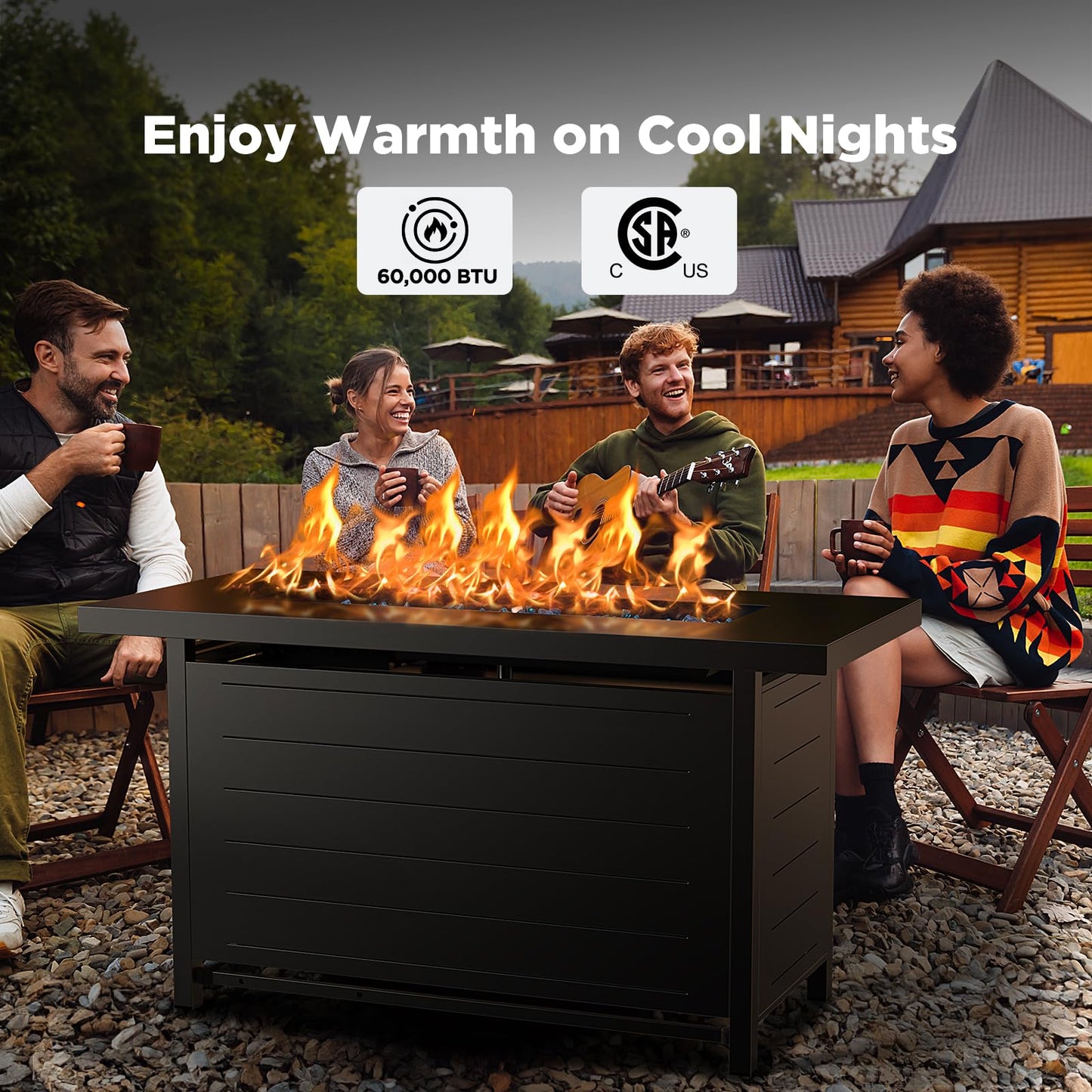 Ciays 43-Inch Propane Fire Pit Table with Glass Beads & Lid, CSA-Certified Gas Fire Pit with Cup Holders, Hanging Shelf & Nylon Cover, Outdoor Fire Pit for Patio & Deck, 60,000 BTU Heat Output