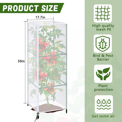 3 Pcs Garden Bird Netting Plant Cover for Square Tomato Cage, 59" x 17.7" Insect Bird Barrier Tomato Cage Net with Zipper & Drawstring, Tomato Trellis Netting Protection Cover for Protecting Plants