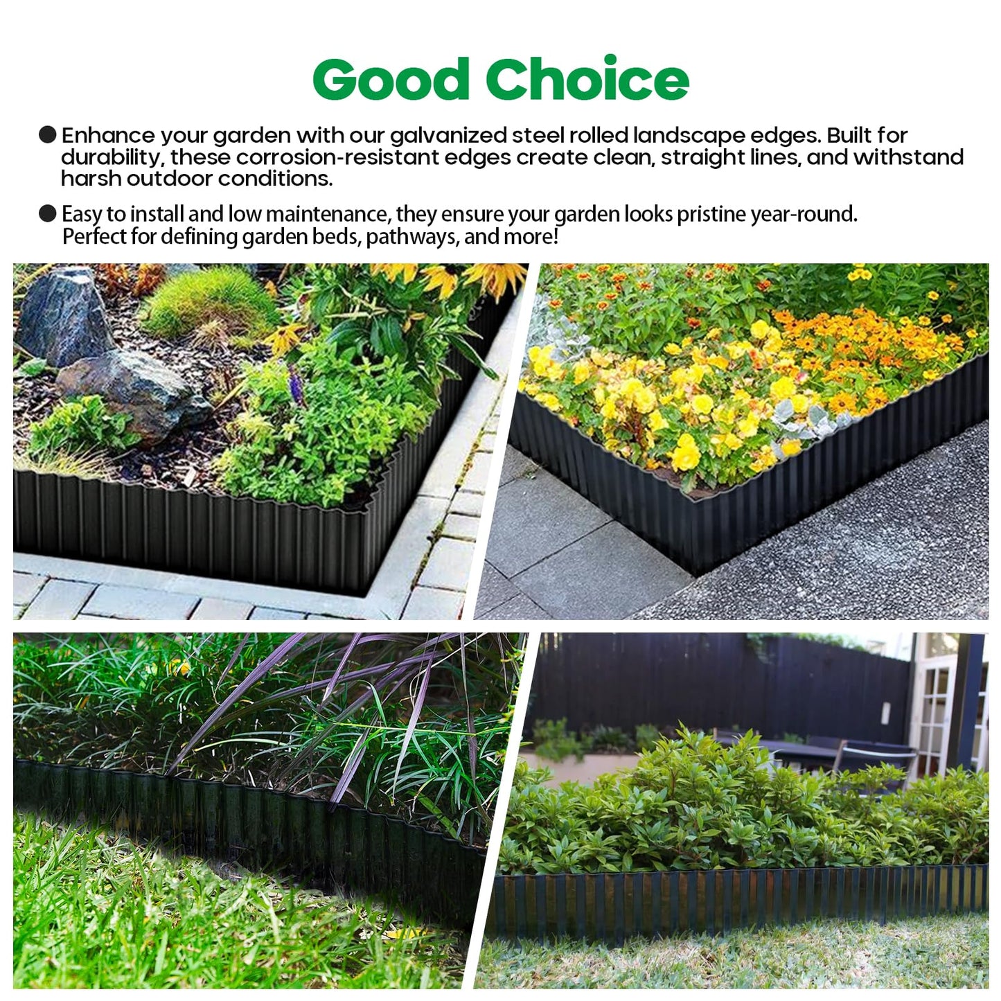 Camitlli Corrugated Metal Garden Edging,Sturdy Tall Landscape Edging Borders with 6pcs Anchor Stakes, Perfect DIY for Flower Beds, Lawn and Pathway,Tree Surrounds,Paver Edges (Black 8"×20FT)