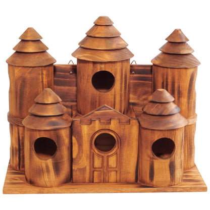 MIXUMON Wooden Bird Houses for Outside – 8 Rooms Castle-Style Bird House, Carbonized Pine Rustic Finish, 1.57" Entrance Holes, Decorative Outdoor Bird Nesting Box (Rustic, 8 Rooms)