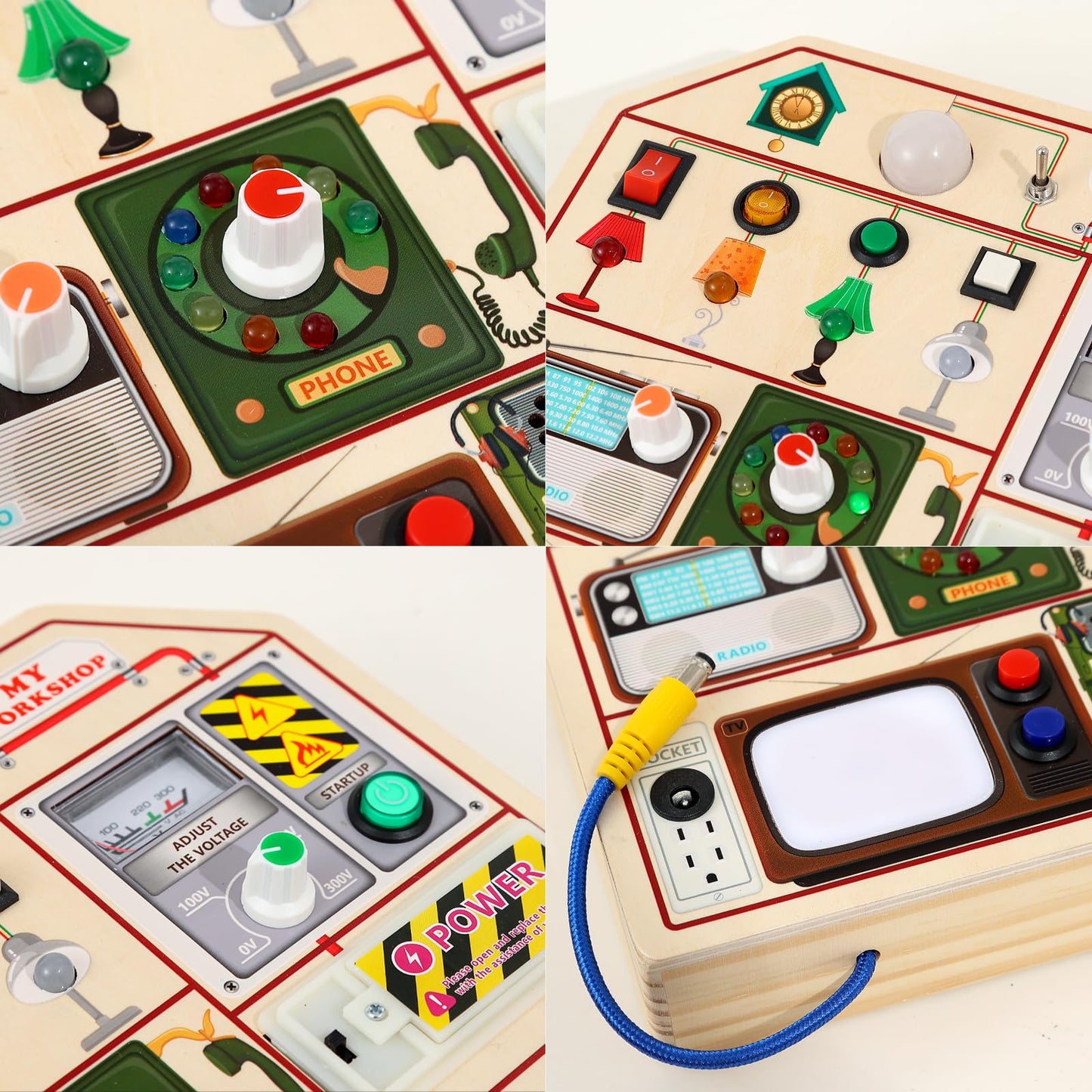 JAUNTY Montessori Wooden Busy Board for Toddlers 3 4 5 Years Old, Wooden Sensory Toddler Toys with LED Light Switches, TV Radio Telegram and Car Driving, Travel Toys Birthday for Boys Girls
