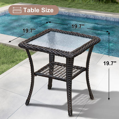BABYLON Indoor Outdoor Coffee Table, All-Weather Wicker Tempered Glass Top Side Table, Indoor Outdoor Patio End Table with Storage Space, 20''x 20''x20''