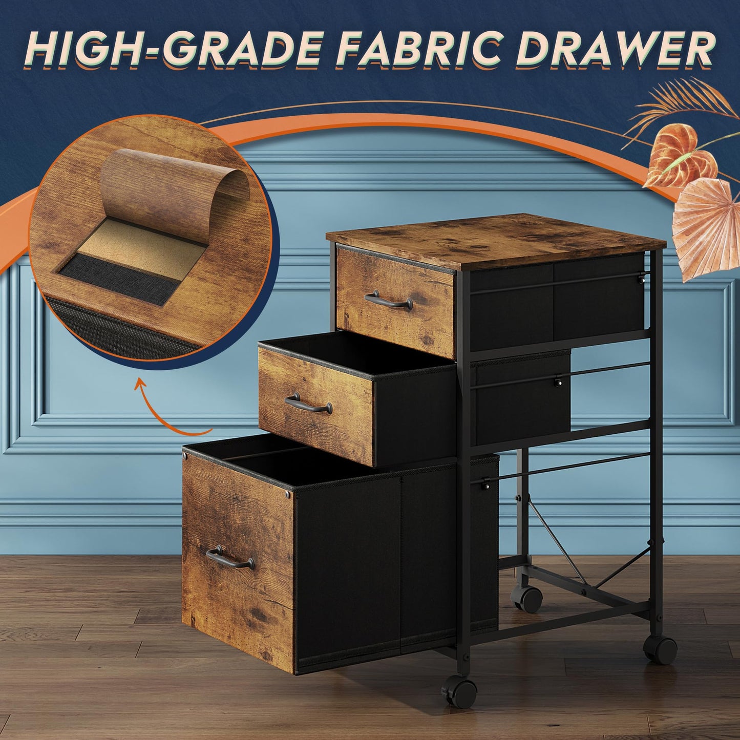DEVAISE Mobile File Cabinet, Rolling Printer Stand with 3 Drawers, Fabric Vertical Filing Cabinet fits A4 or Letter Size for Home Office, Rustic Brown Wood Grain Print