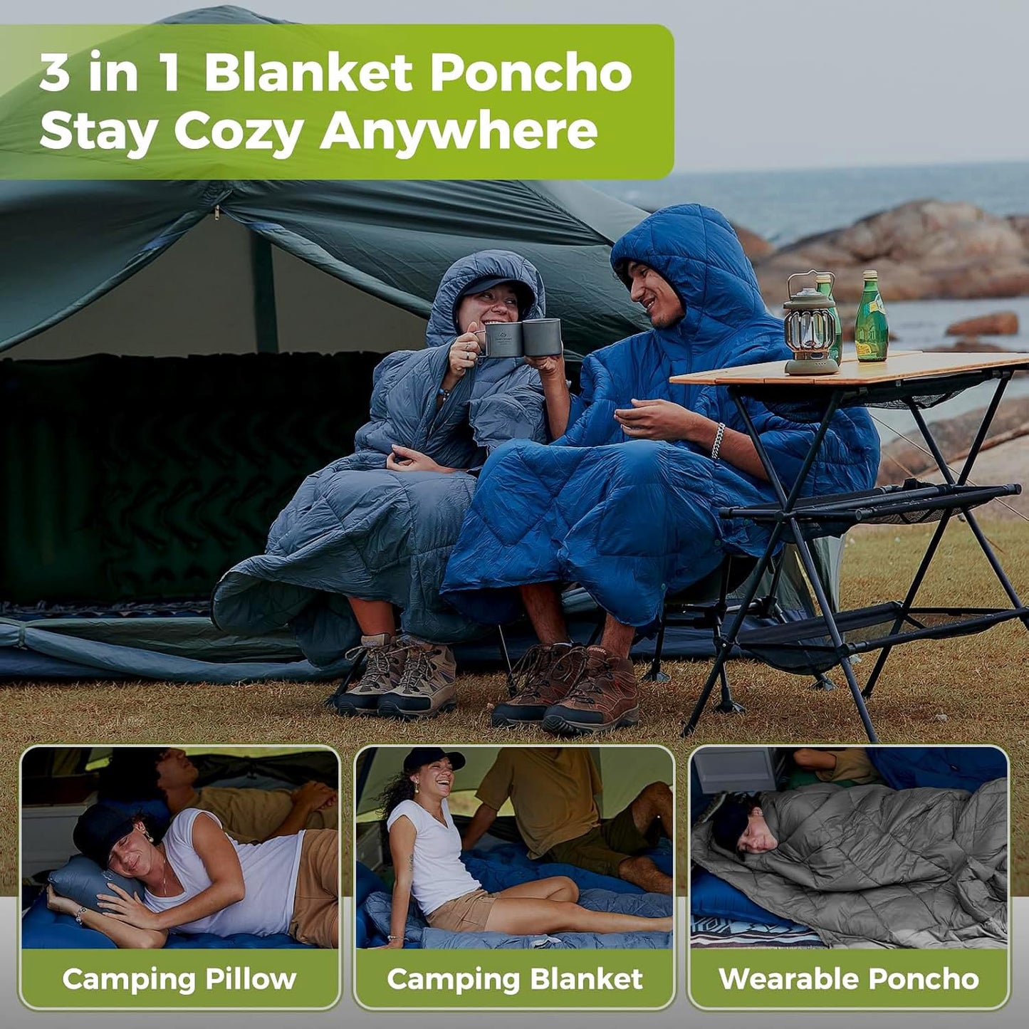 ATEPA Wearable Sleeping Bag, Recycled Insulated Water-Resistant Camping Blanket Poncho, Ultralight Packable Hooded Stadium Blanket for Outdoor Sports Fishing Backpacking Hiking Cold Weather, Blue