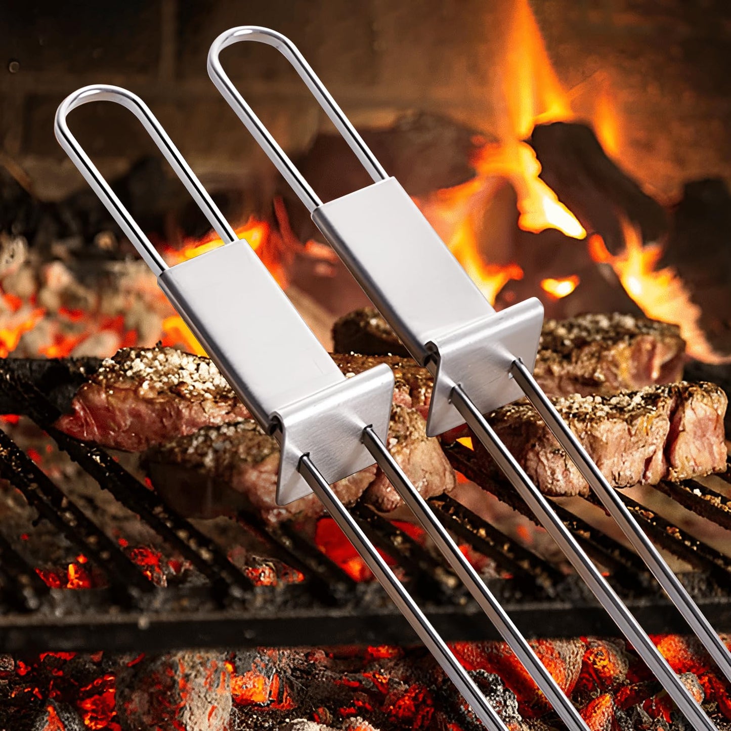 AGIgear BBQ Skewers,Premium 304 Stainless Steel BBQ Skewers,13 Inch Heavy Duty Metal Kabob Sticks for Grilling, Reusable & Dishwasher Safe (Double fork10)