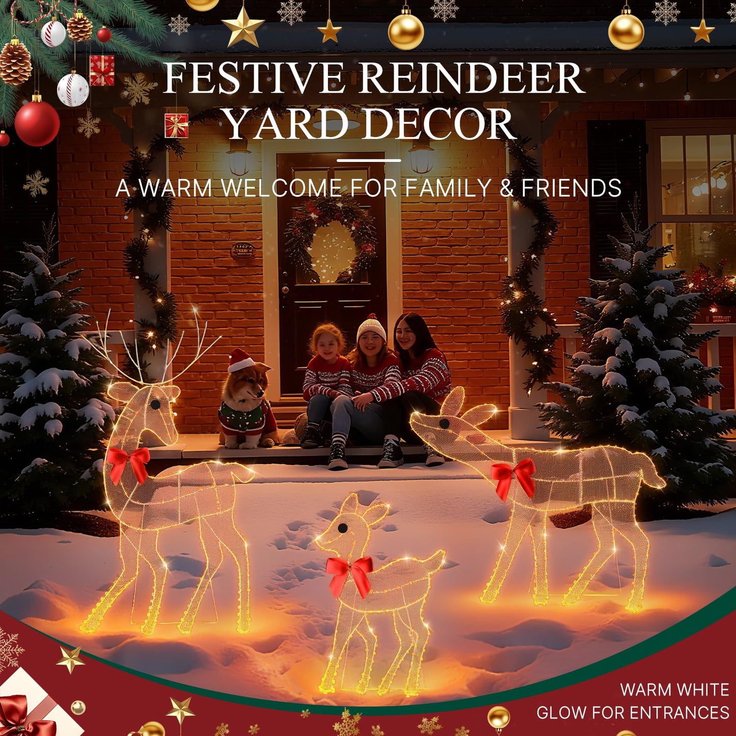 [3-Piece Reindeer Christmas Decorations Outdoor] 2D Lighted Deer Family with 260 LED Light. Durable Yard Lawn Holiday Decor, Outdoor Lighted Holiday Display for Yard Lawn Garden-White