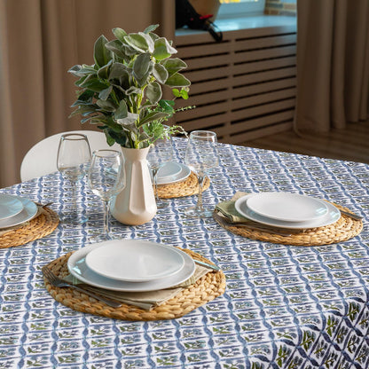 Newtay 60'' x 90'' Cotton Tablecloth Handmade Cotton Floral Tablecloth Washable Print Rectangle Table Cover with Dust Proof Wrinkle Resistant for Kitchen Dining Party Buffe(Light Steel, Blue)