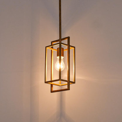 Wrlmfy Antique Brown Pendant Lighting Fixture with Geometric Metal Cage, 1-Light Retro Inspired Farmhouse Mini Hanging Lamp with Height Adjustable Rods for Kitchen Island, Cafe Bar, Dining Room