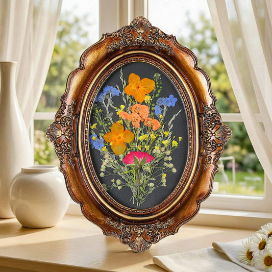 Novabright 6.29 x 8.26 Inch Vintage Pressed Flower Decor, Handmade Pressed Dried Real Flower Frame for Tabletop Art, Floral Botanical Diplay for Bedroom Living Room Office or Holiday Gift, Oval