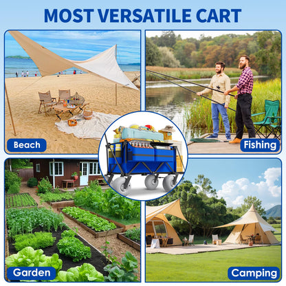 Beach Wagon with Big Wheels for Sand - 450lbs Load Heavy Duty Wagons Carts Foldable with 9" All Terrain Inflatable Tires, Collapsible Beach Cart for Grocery Shopping Garden Sports Camping Outdoor