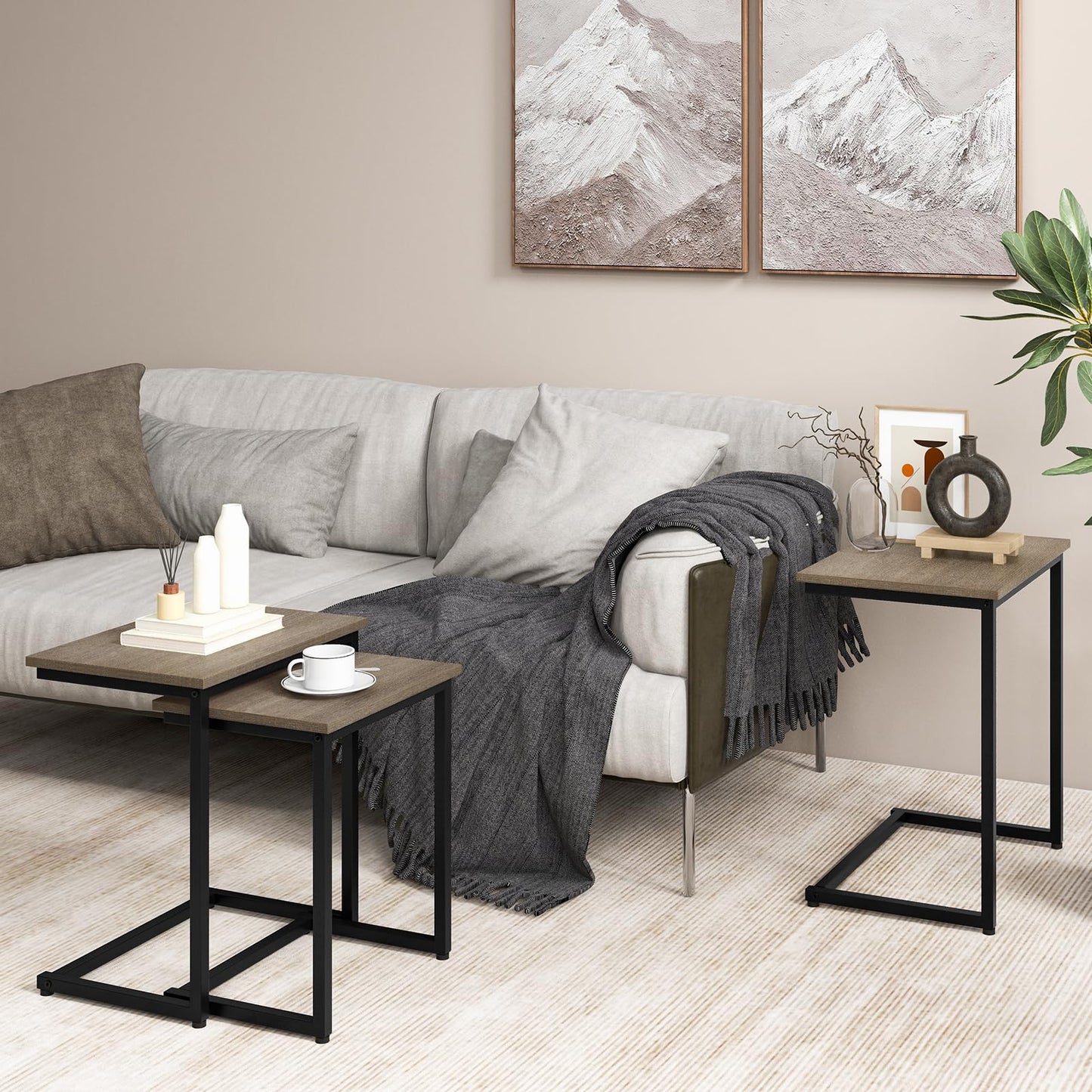 Giantex Nesting Coffee Table Set of 3, Stackable Square End Table w/Wood Grain Tabletop & Heavy-Duty Metal Frame, Farmhouse C-Shaped Accent Table for Small Space, Living Room, Bedroom (Black Oak)