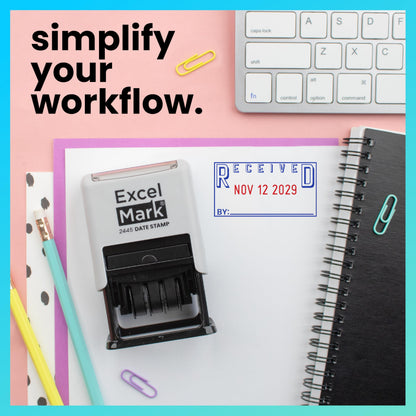 ExcelMark 2445 Date Stamp with Text - Blue and Red Ink (Gray Mount, Received)