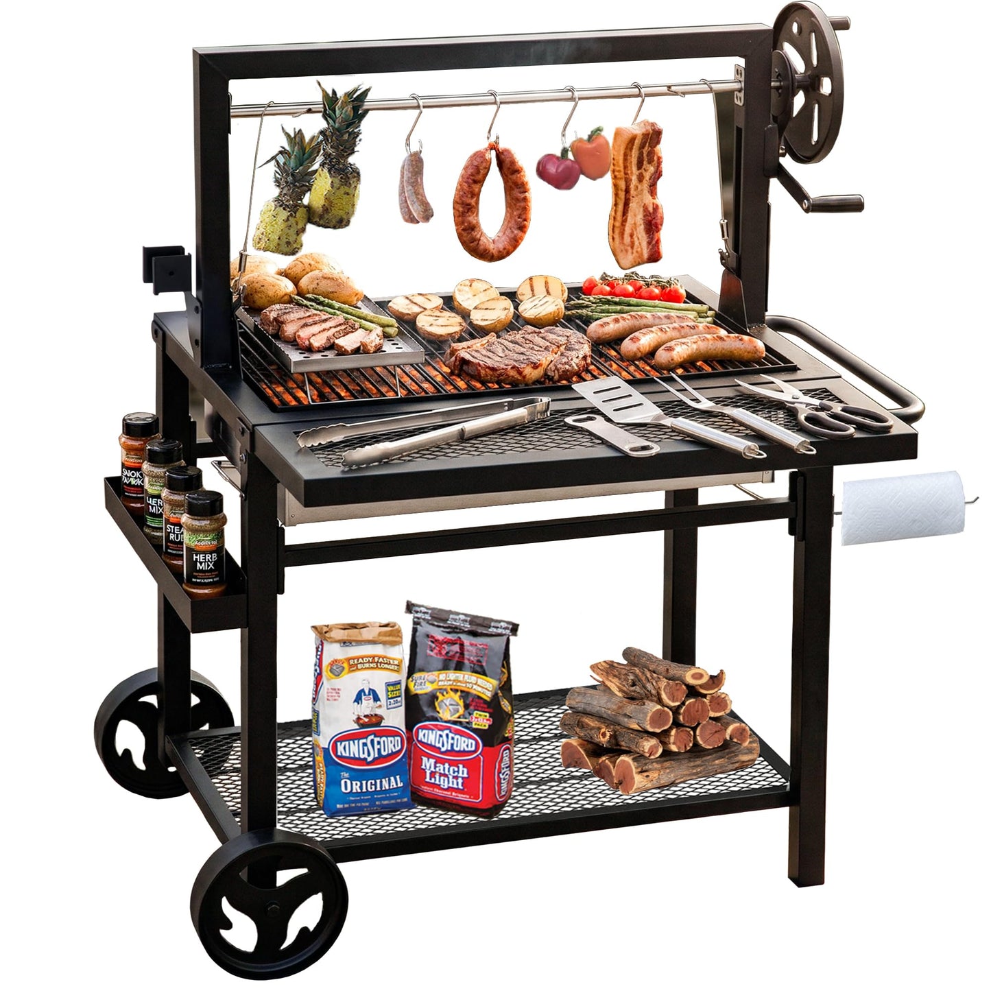 Argentine Santa Maria Grill, Wood Fire & Charcoal BBQ Grill with Adjustable Height Grates, Argentinian Open Fire Grill with S-Hooks and Foldable Front Table for Outdoor Patio Backyard Gaucho Grilling