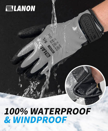 LANON Waterproof Winter Work Gloves, Double Latex Coated, Thermal Insulated Freezer Gloves for Cold Weather, Heavy Duty, Non-Slip Grip, Wrist Closure, Grey,L