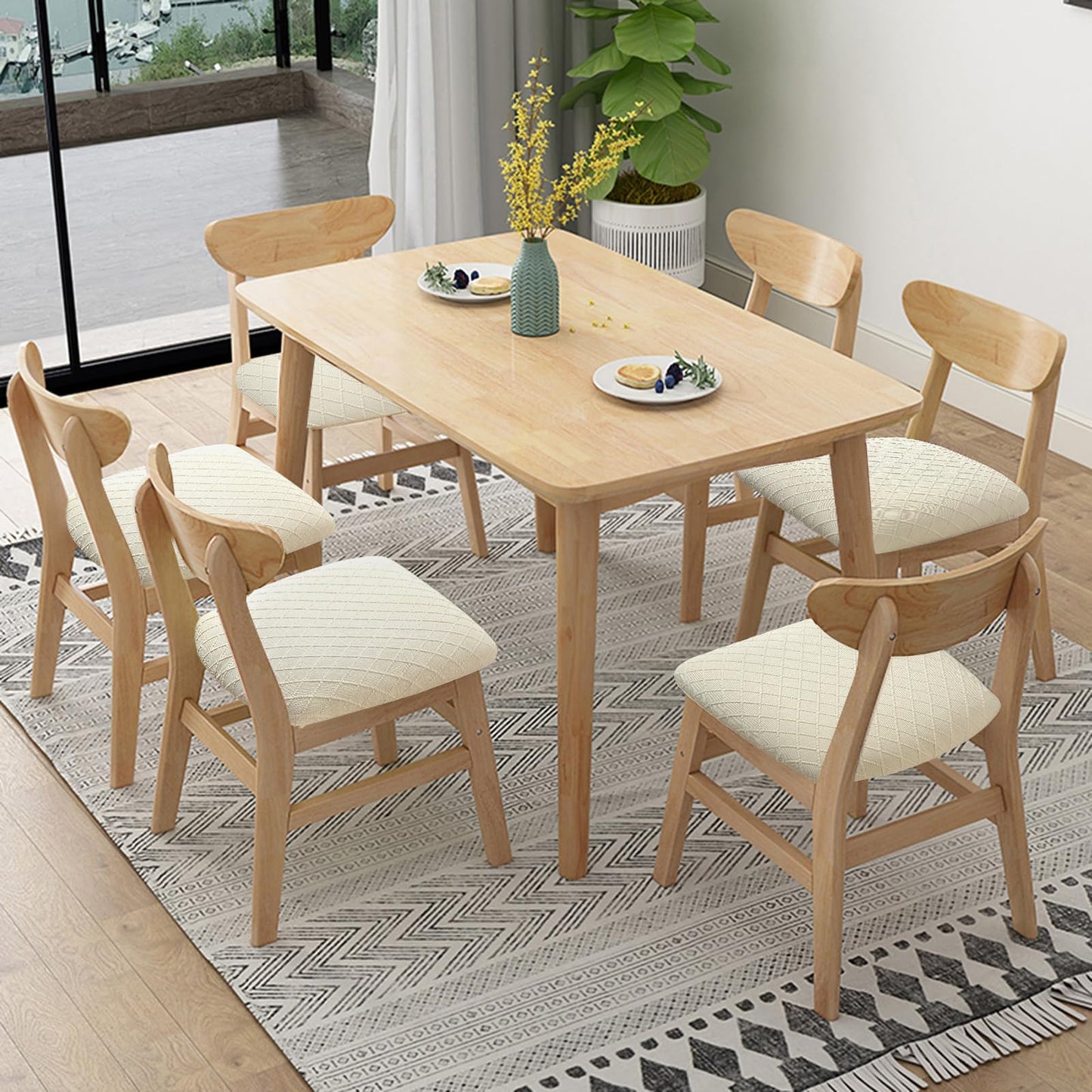 Fuloon Stretch Chair Seat Covers 6 PCS, Removable Washable Dining Chair Covers Anti-Dust Dining Room Seat Cushion Slipcovers (6, Beige)