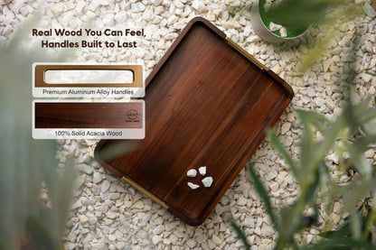 Premium 17.5 x 13 Inch Acacia Wood Serving Tray with Metal Handles – Large Ottoman Coffee Table Centerpiece for Bed, Couch & Patio – Rustic Wood Trays Home Decor for Breakfast, Drinks & Gifts