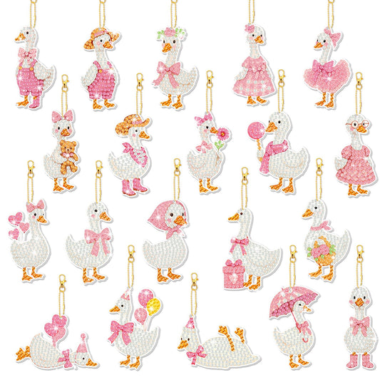 FairySandy 20 Pcs Silly Goose Diamond Painting Keychains Pink Bow Goose Diamond Key Chain Kits for Adults 5d Single Side Cute Farm Animal Hanging Ornament for Beginners DIY Crafts Party