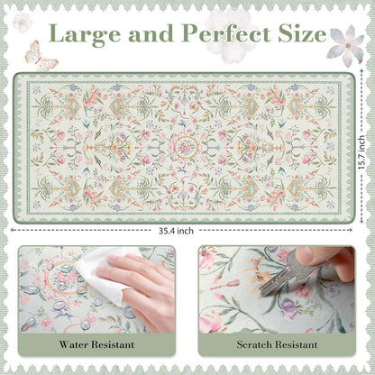 HAOCOO Floral Mouse Pad, 35.4" x 15.7" Waterproof Makeup Mat, Cute Aesthetic Desk Decor Pad, Women Office Keyboard Matt with Stitched Edges, Green Desk Accessories Work for Home