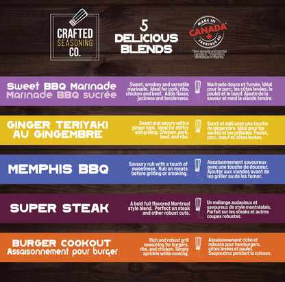 Crafted Seasoning Co. BBQ Rubs & Seasonings Gift Set (5 Pack) – Grilling & Smoking Spices Variety Box – Smoker Seasonings – BBQ Gifts for Men, Dad, Father’s Day, Grill Lovers