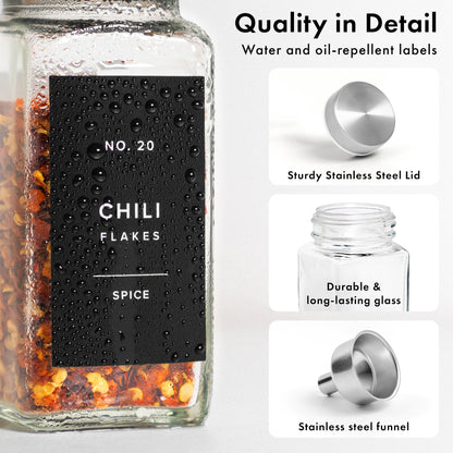 EDELHAUS Glass Spice Jars with Labels and Steel Lids (24 x 4oz) Spice Containers with 240 Label, Steel Funnel, Shaker Inserts, Empty Square Seasoning Organizer for Spice Rack, Cabinet, Drawer