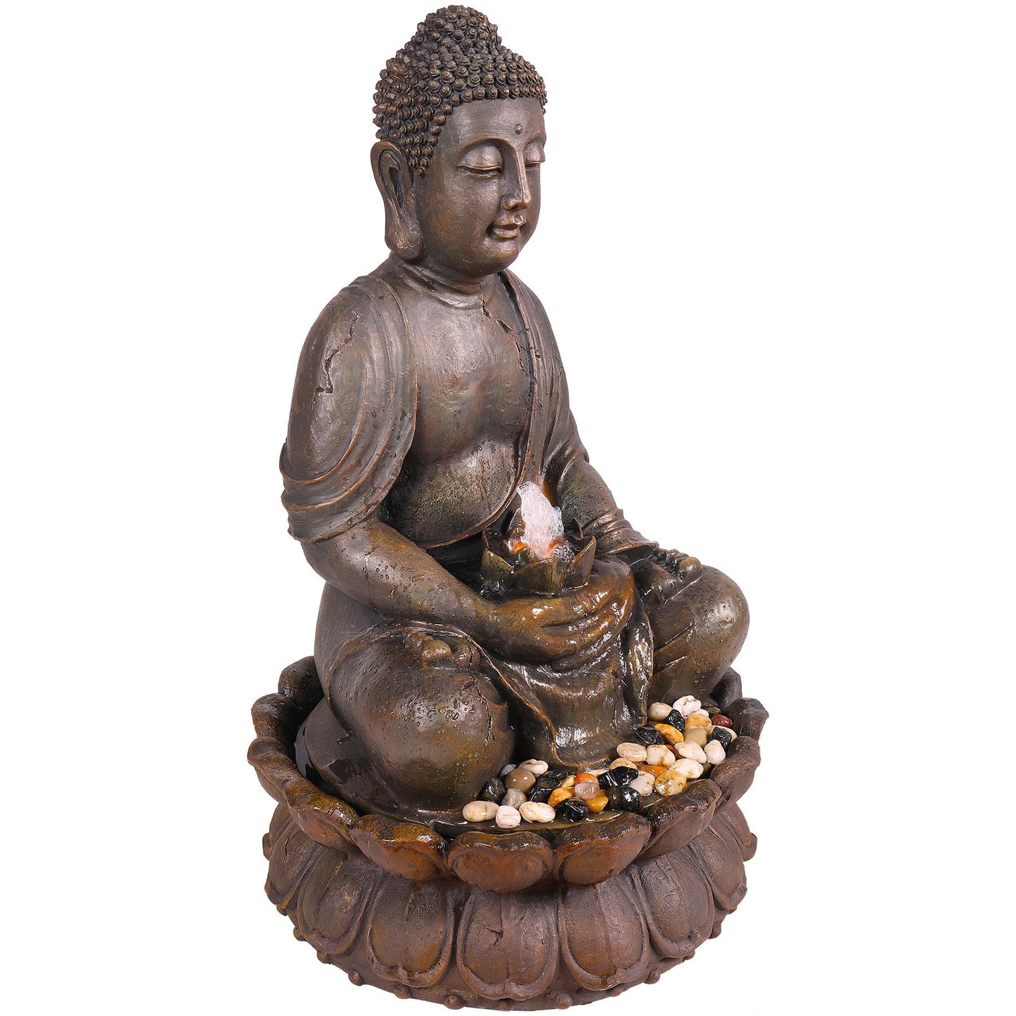 Alpine Corporation GEM122 Outdoor Floor Meditating Soothing Buddha Statue Waterfall Fountain for Garden, 33", Bronze