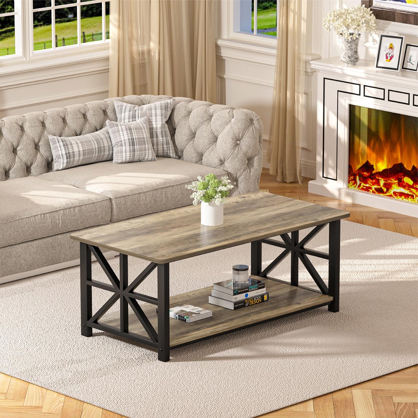 GreenForest Coffee Table for Living Room with Round Corners Farmhouse Style Center Table with Storage Shelf 39 Inch Space Saving Easy Assembly Gray Wash