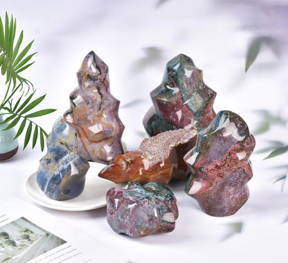 AMOYSTONE Ocean Jasper Flame Shaped Stone Towers Obelisk Natural Healing Crystal Quartz Reiki Energy Decoration Home Office Decor 0.6-1.0LBS