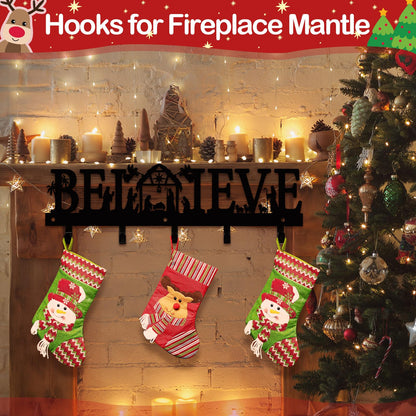 Cinnvoice Nativity Christmas Stocking Holder for Wall with 5 Hangers Metal Christmas Stocking Wall Hanger Mantel Rack Hanging Mount Hook for Holiday Xmas Fireplace Decoration, Black(Believe)