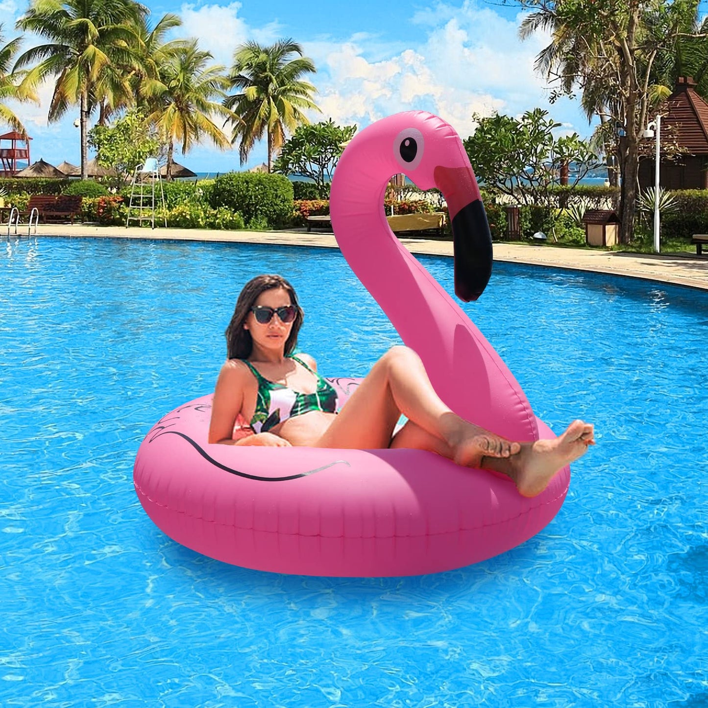 FlyfreeU Flamingo Inflatable Pool Floats with Lights, Solar Flamingo Pool Floats for Adults, 42 Inch Pool Float Lake Beach Floaty, Swimming Pool Float Raft Lounge for Adults Party Water Fun