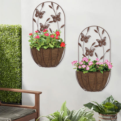 BAYN 2PK Wall Hanging Planter Decor Art with Butterfly, Metal Wall Mounted Planters Indoor Outdoor Wall Planter for Succulent Herb Home Garden Yard