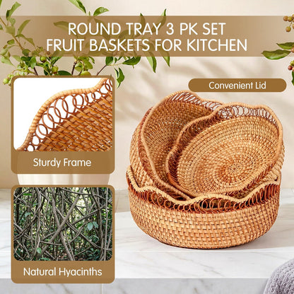 Teecyhooo Set of 3 Rattan Bread Basket for Serving Wicker Bread Basket Woven Round Fruit Serving Bowl Natural Handmade Food Storage Bowl Wavy Edge Tray Boho Decorative Tray for Kitchen Counter Decor
