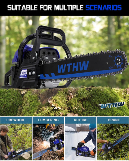 WTHW 58 cc Gas Powered Chainsaw, 20 in & 18 in Quick-Switch Bars – 550 ml Fuel 260 ml Oil Tanks, Automatic Chain Oiler, Centrifugal Air Filter, Quick Start, Inertial Chain Brake (Blue)