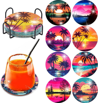Clendo 8Pcs Diamond Painting Coasters Kits, DIY Landscape Diamond Art Coaster Kits with Holder, Small Diamond Painting Kits for Adults & Kids Art Craft Supplies
