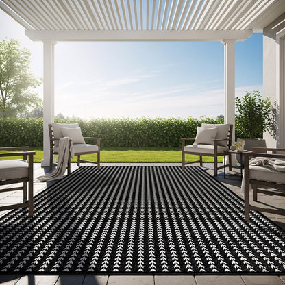 Washable Outdoor Rug 6x9 Modern Area Rugs Outdoor Carpets Striped Pattern Non Shedding Waterproof Easy Clean Patio Deck Porch Living Room Bedroom Garden RV (6 X 9 Black)