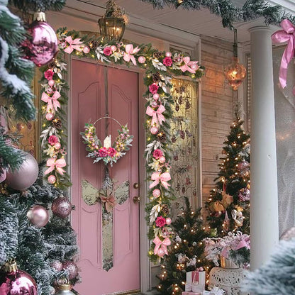 6 feet Christmas Pink Garland for Front Door with 30 LED Lights,Festive Lighted Holiday Decor,prelit Mantel Garland withTimer,Stair and Fireplace Pink Rose Decoration for Christmas and Wedding