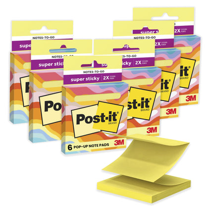 Post-it Super Sticky Notes-to-go Pop-Up Notes, 3 in. x 3 in., 6 Dispensers with 540 Total Pastel Sticky Notes in Citron Yellow Color, Great for School, Office, Classroom, or Home