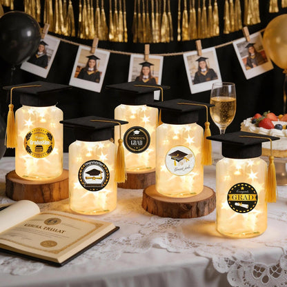 12 Pack Graduation Table Decoration Set, 2026 Grad Jar Table Centerpieces, Includes Black Felt Grad Hat, LED Lights, Stickers and Tracing Paper for High School and College Graduation Party Supplies